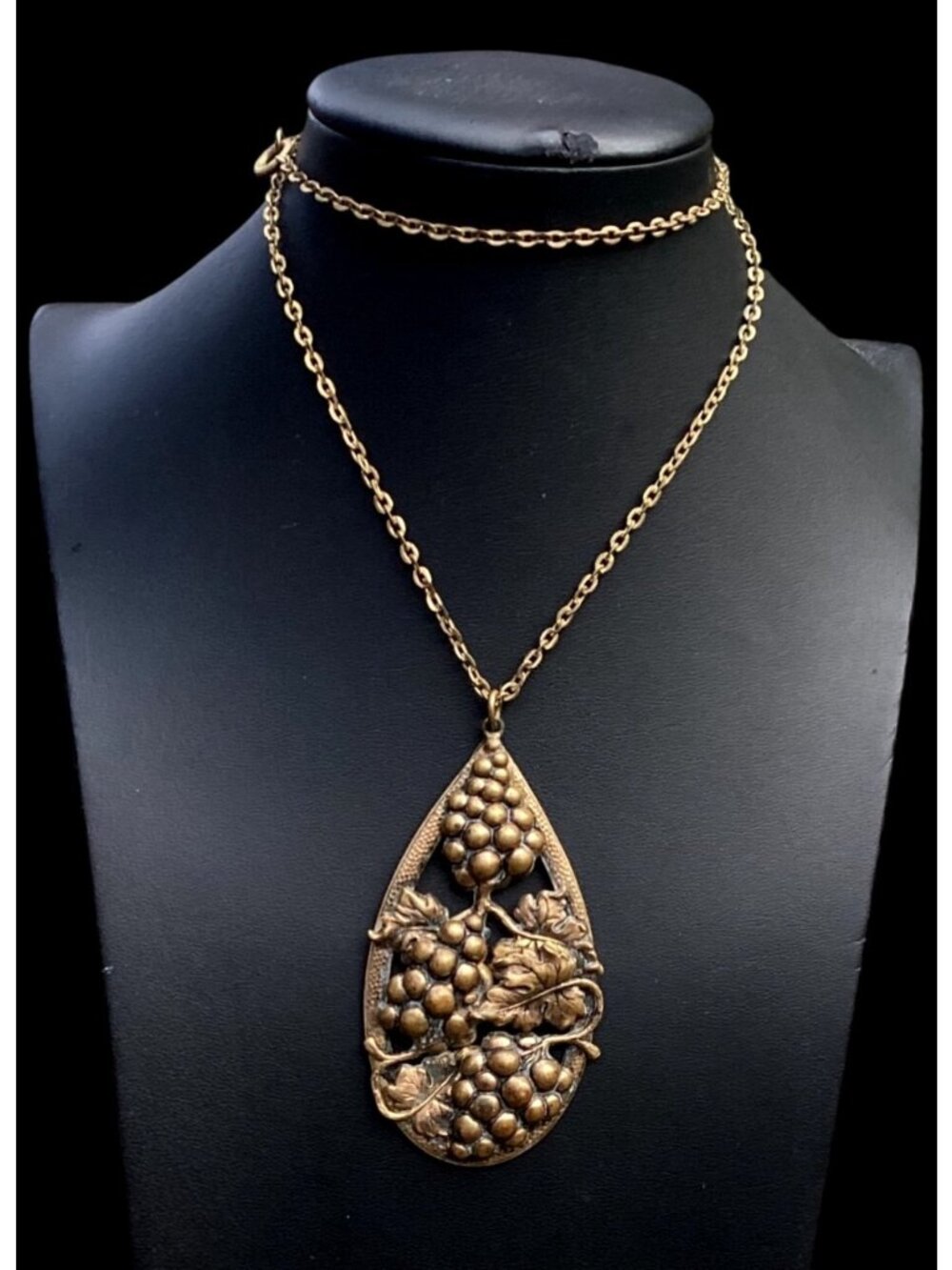 Antique Art Nouveau Gilded Copper or Brass Necklace with Grape Cluster Pendant